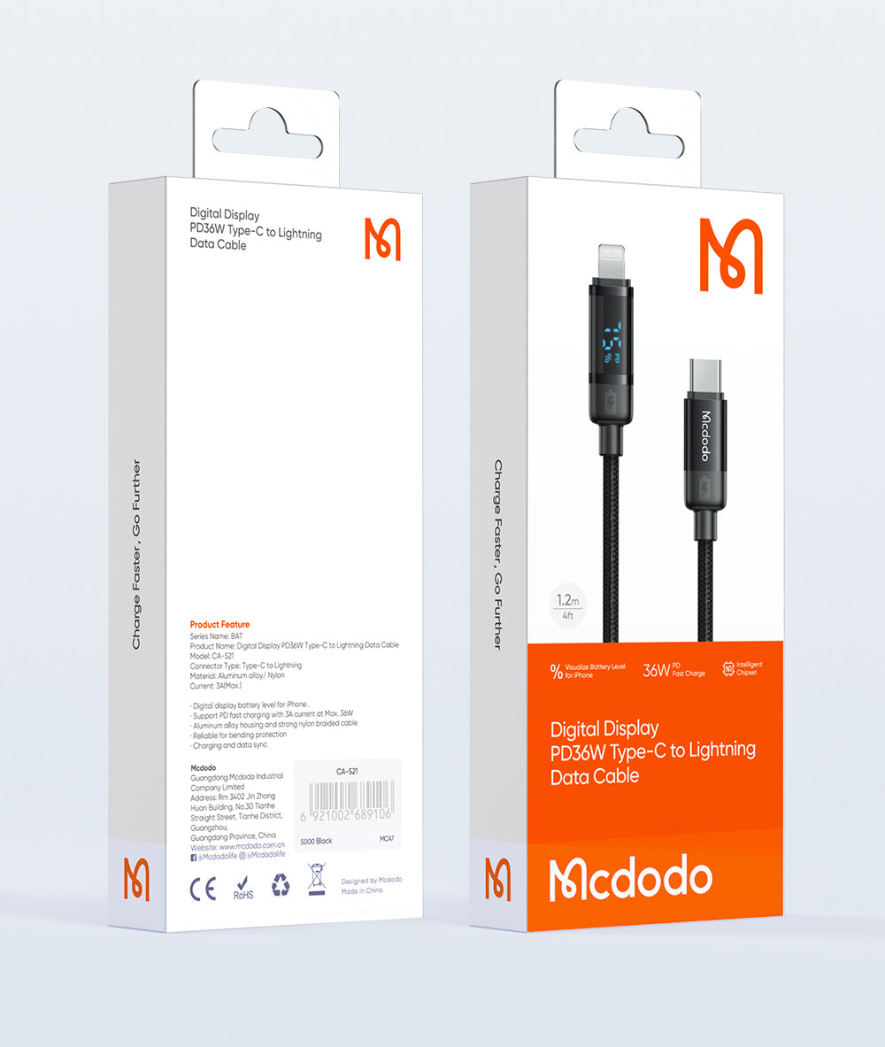 Mcdodo Digial Display 36W Type-C to Lightning Data Cable 1.2m (Real-time monitoring of battery level)
