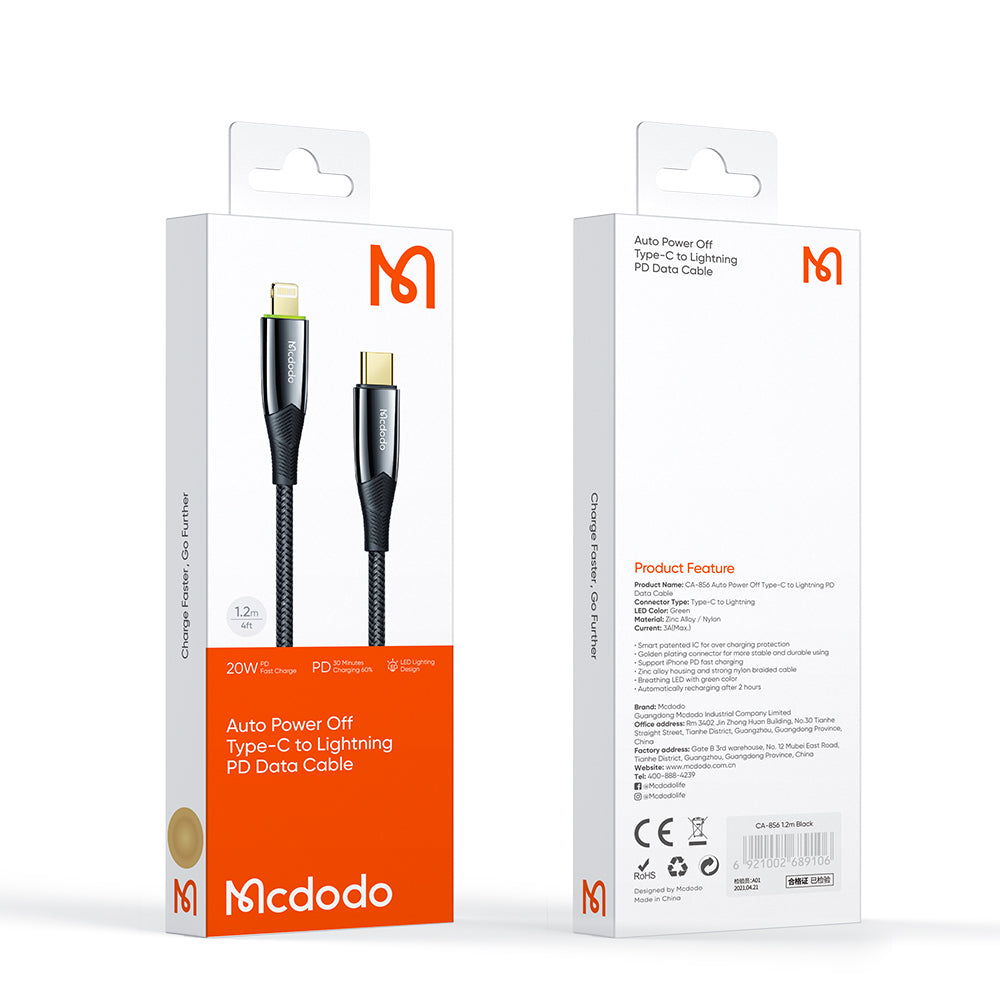 Mcdodo Auto Power Off 36W Type-C to Lightning Cable 1.8m With LED light