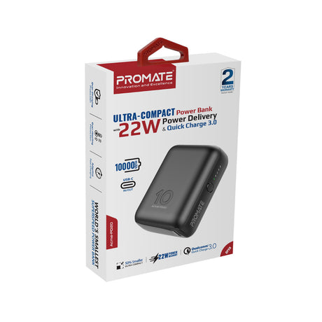 Promate Mini Multi-Device Charging 20W Power Bank With 2 Output Easy to Carry(10000mAh, Black, Blue)