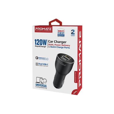 Promate Laptop Car Charger with Dual 100W/20W USB-C™ PD and 18W Quick Charge 3.0 USB Ports, PowerDrive-120