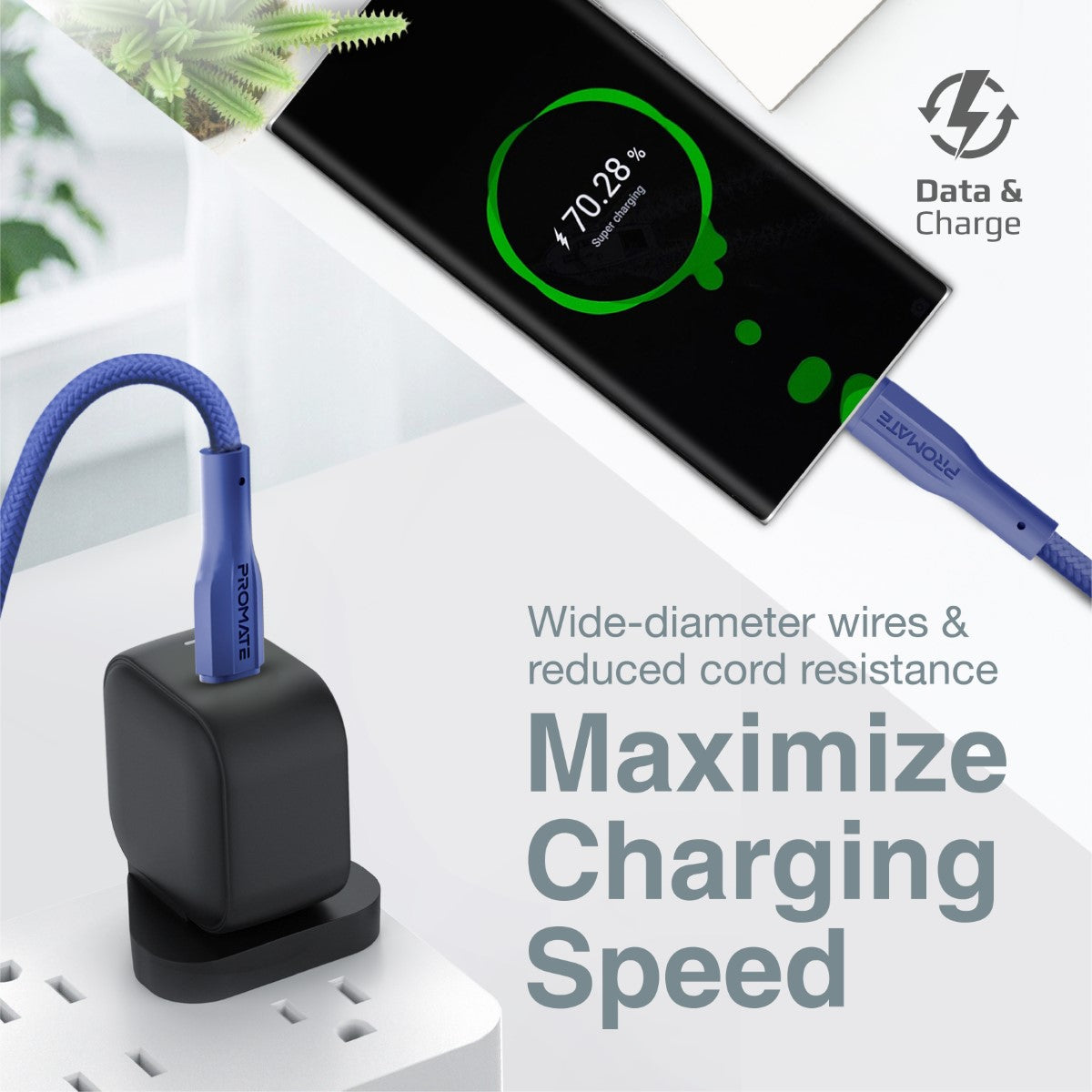 Promate USB-C to USB-C 100cm Silicone Cord Cable 2A Fast Charging, USB Cable(Black, Blue, White)