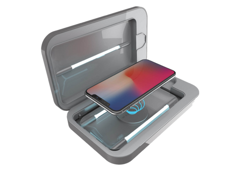 PhoneSoap Wireless UV Phone Sanitizer & Universal Phone Charger Box with Qi Charging (Gunmetal, White)